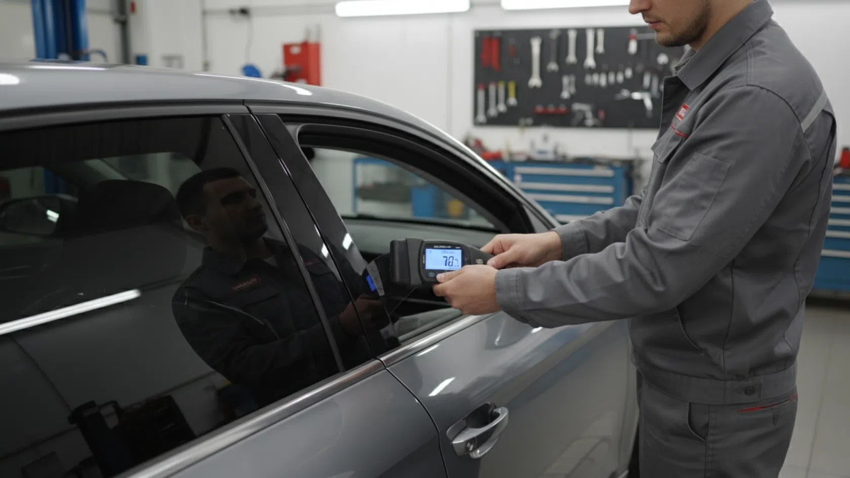 Inspetor a inspecionar vidros escurecidos